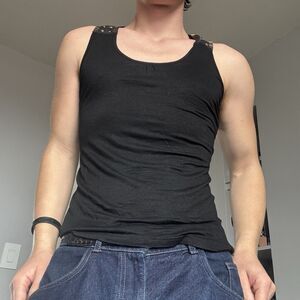 Women’s Bronze Studded Back Body Policy Tank Top Black Sleeveless Sz M